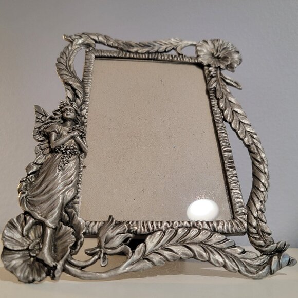 Vintage Pewter Angel Photo Frame with Flowers - Picture 1 of 5